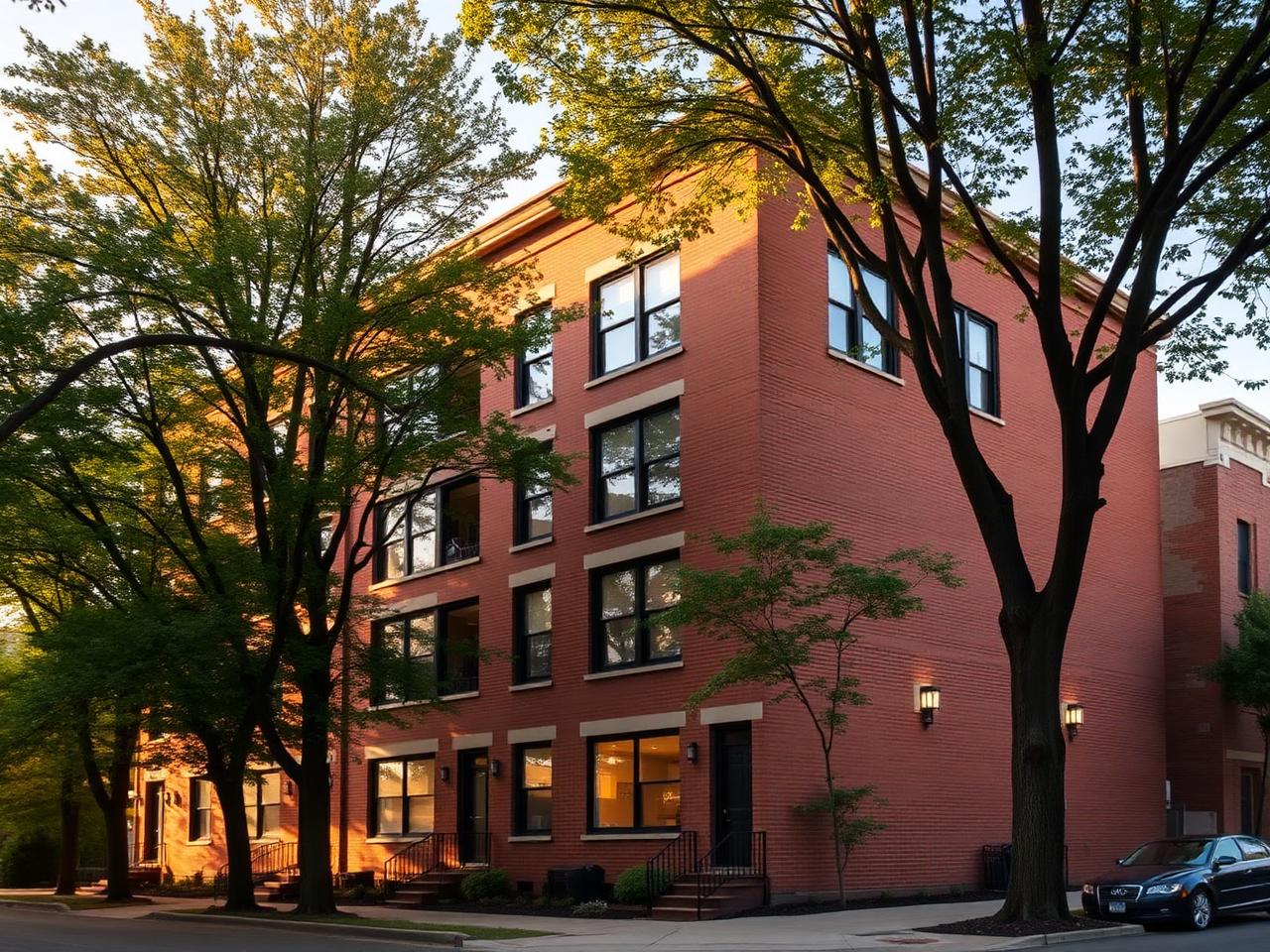 A six-unit infill residential building on a tree-lined urban street at golden hour